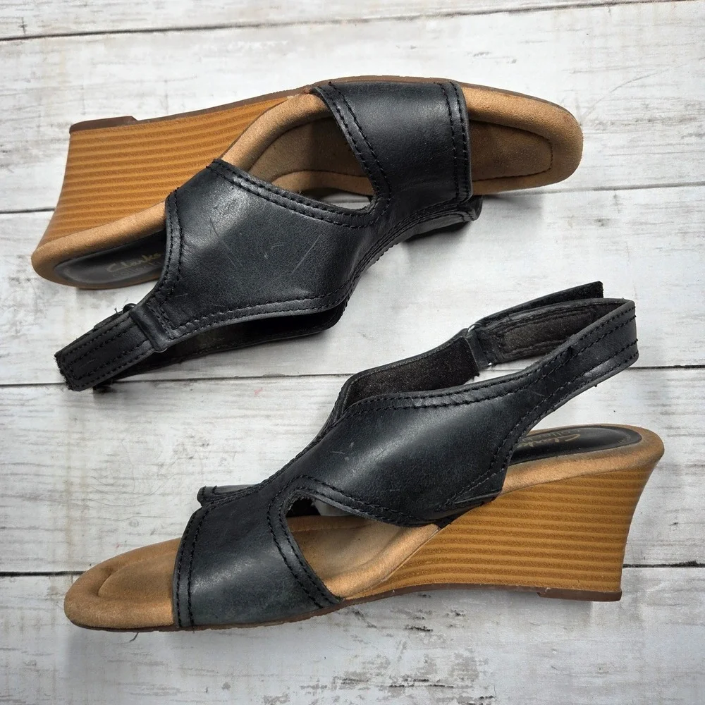 Clarks Collection Ultimate Comfort Wedge Sandal Women 7.5 Black Leather Slingbac